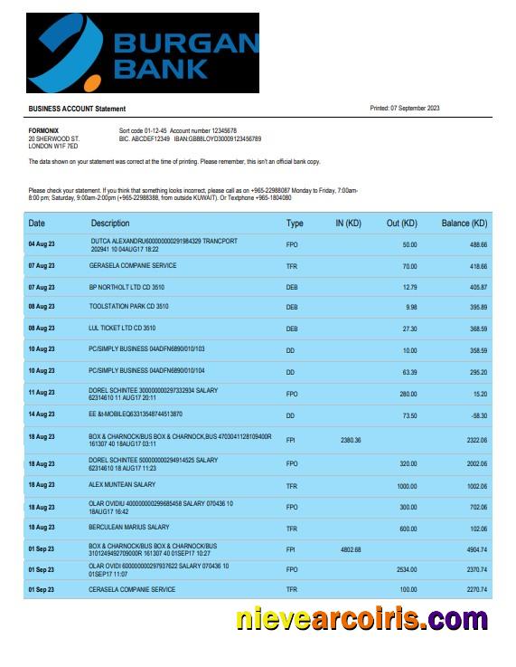 Burgan Bank enterprise account statement